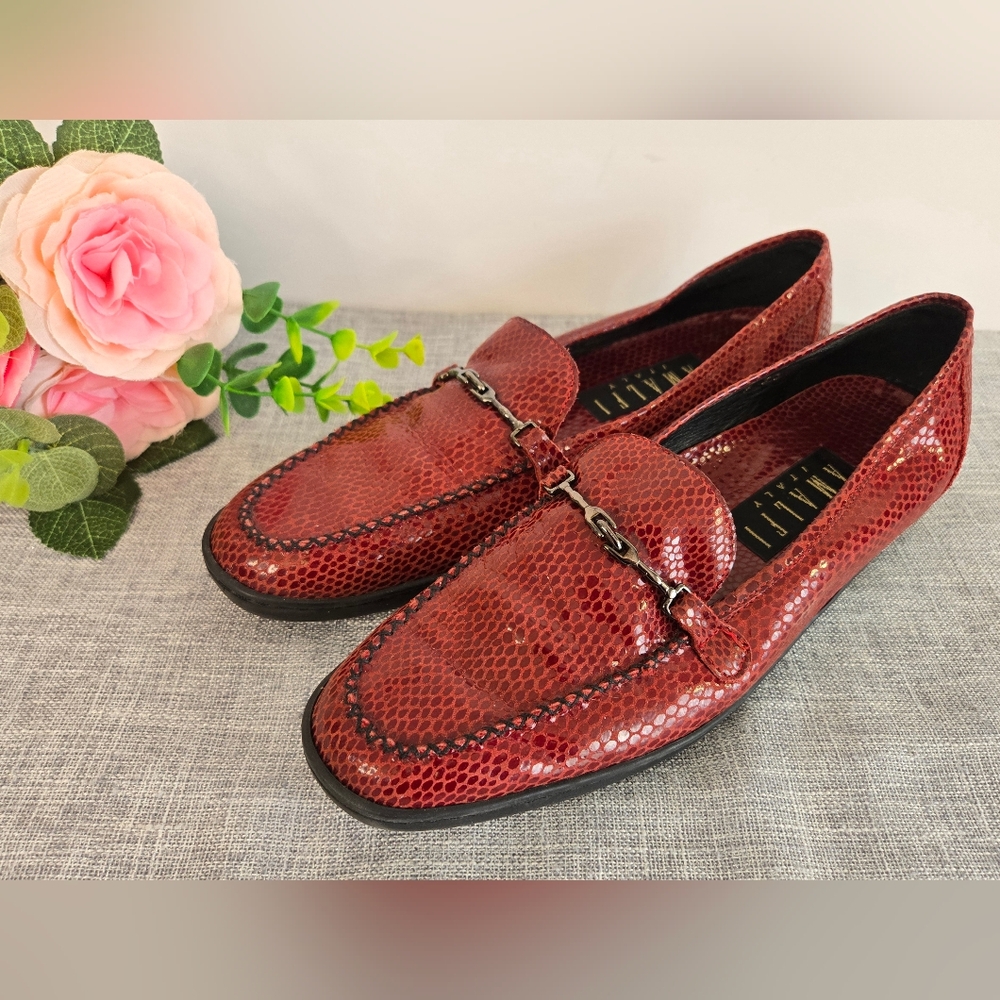 Red Snake-Texture Loafers with Metal Bit Accent